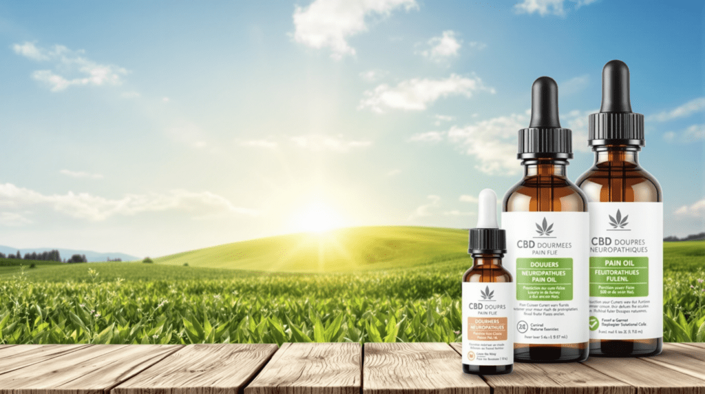 deux bouteilles d'huile de cbd posées sur une table en bois