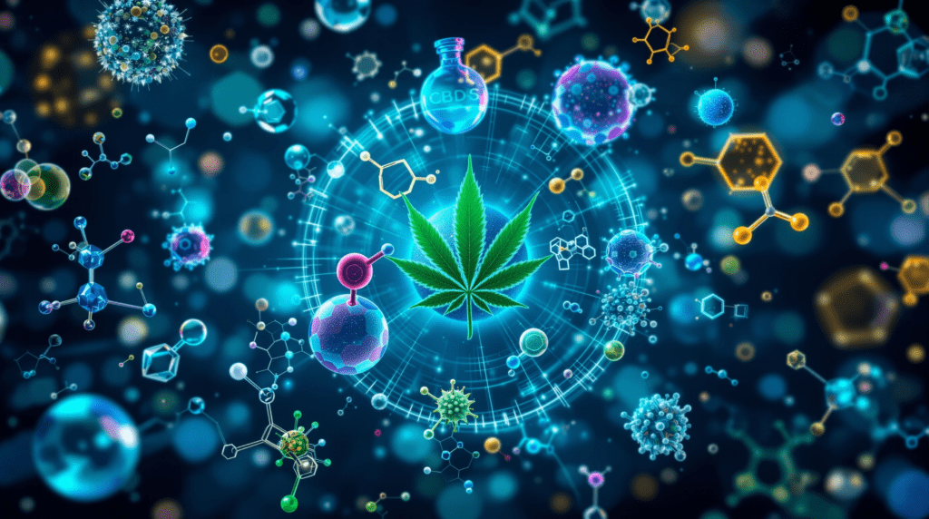 une feuille de marijuana entourée de bulles de différentes couleurs