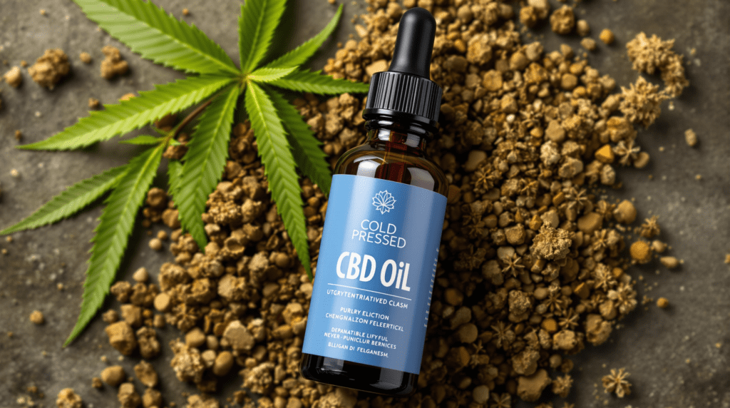 une bouteille d'huile de cb posée sur un tas de terre