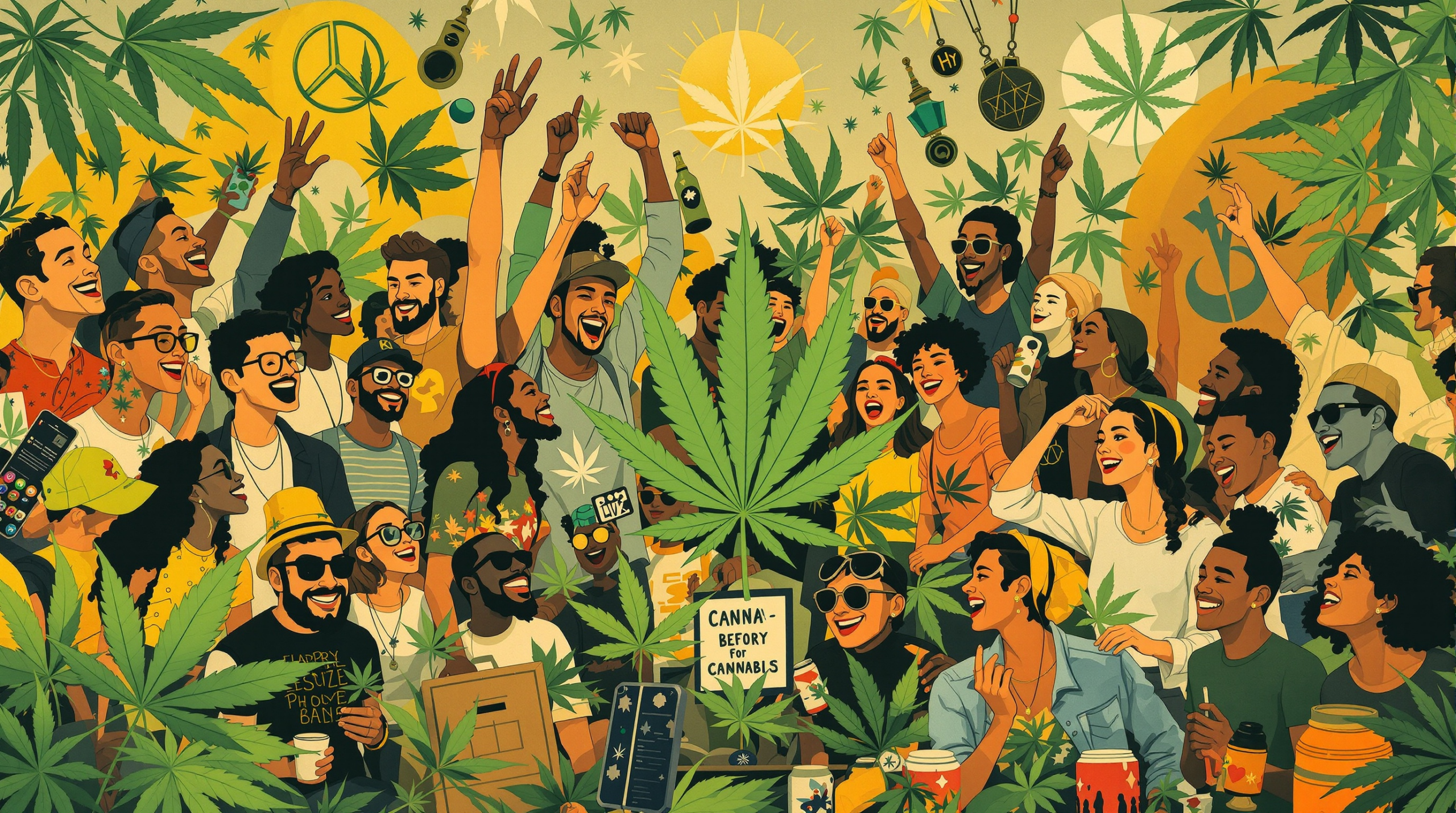 une peinture représentant un groupe de personnes entourées de plantes