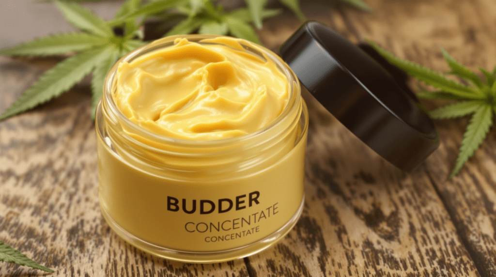 un pot de concentré de budder est posé sur une table à côté d'une feuille de marijuana