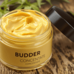 un pot de concentré de budder est posé sur une table à côté d'une feuille de marijuana