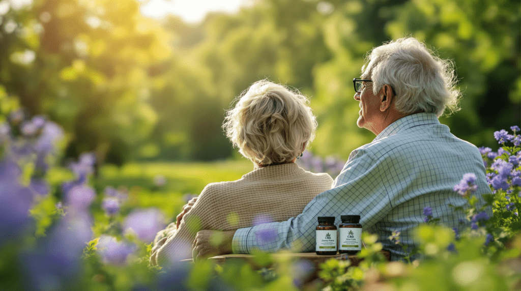un homme et une femme assis sur un banc dans un champ de fleurs