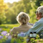 un homme et une femme assis sur un banc dans un champ de fleurs