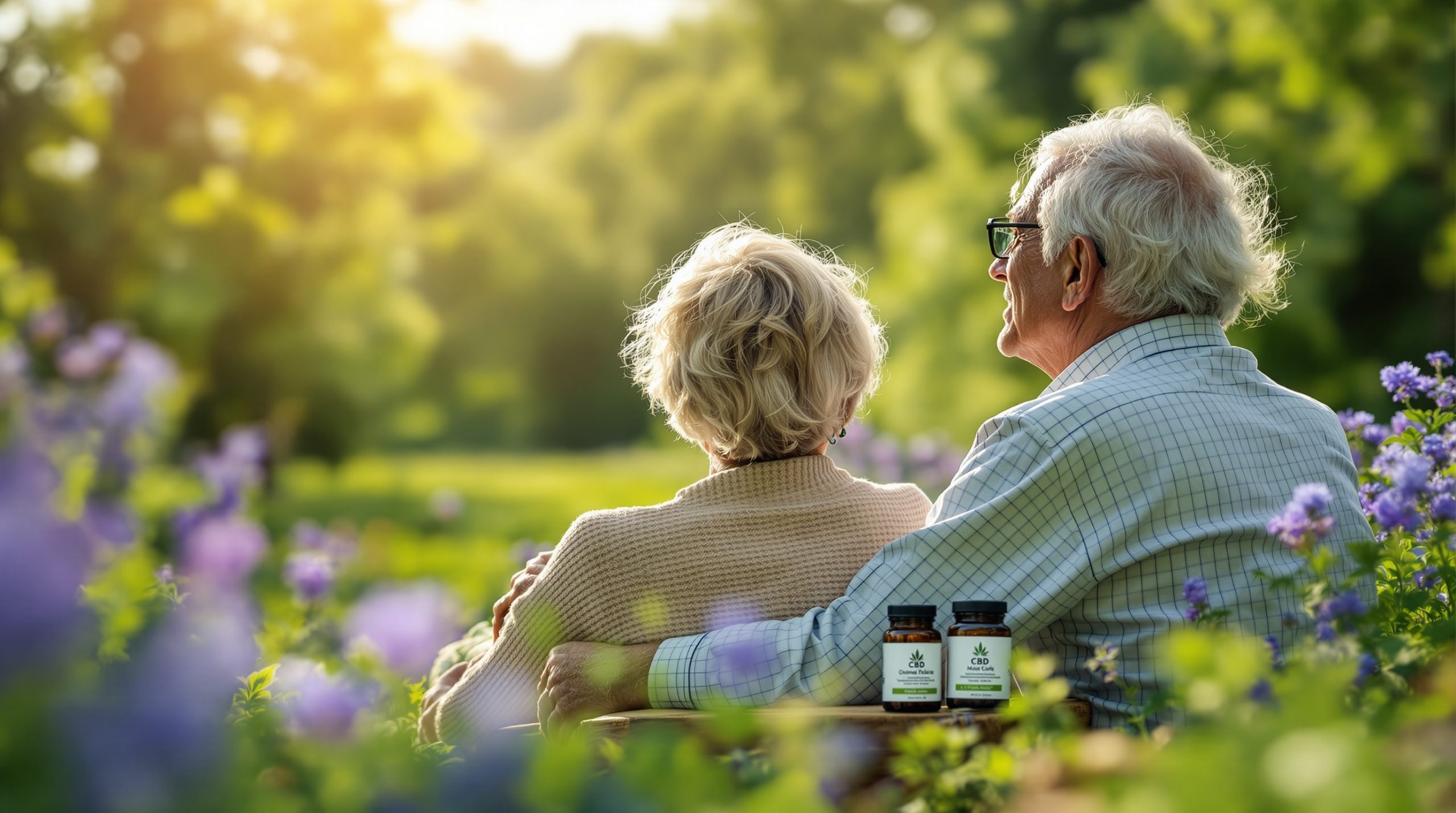 un homme et une femme assis sur un banc dans un champ de fleurs