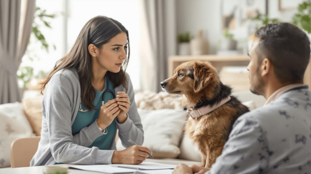 une femme assise à une table avec un chien devant elle