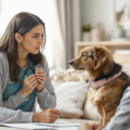 une femme assise à une table avec un chien devant elle