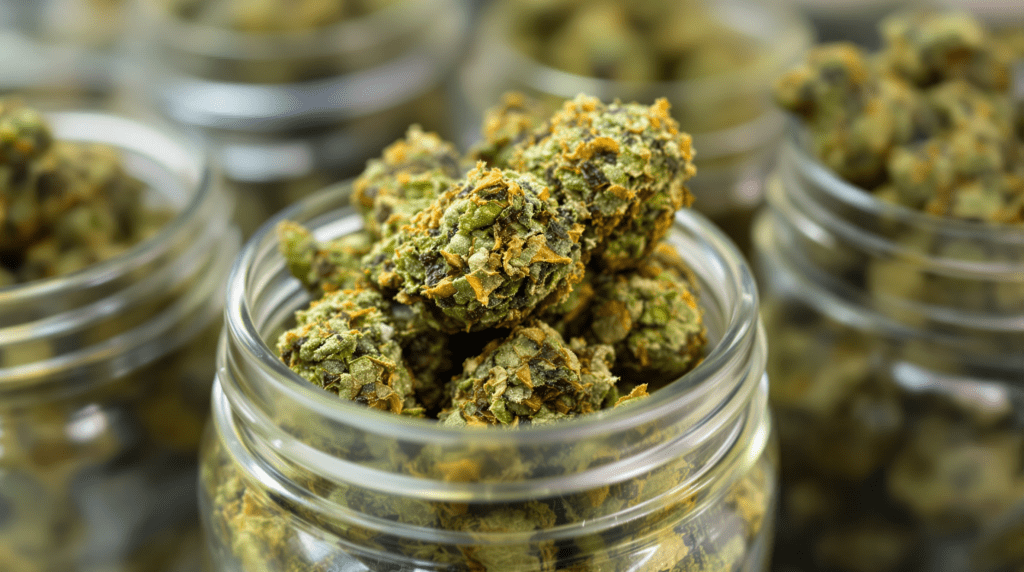 gros plan d'un pot de bourgeons de marijuana