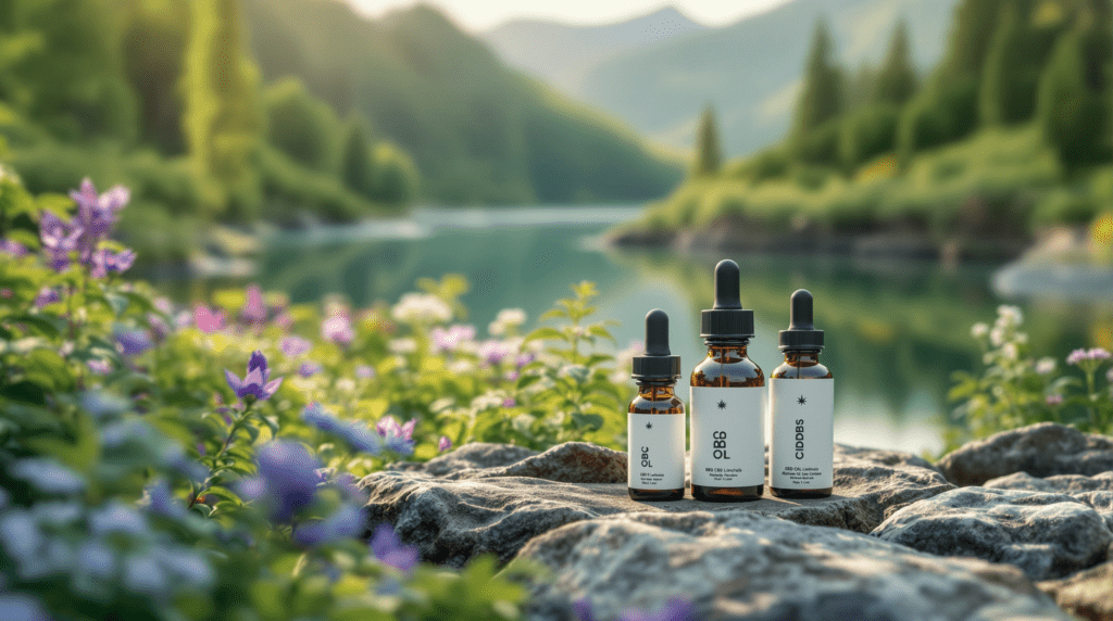 deux flacons d'huiles essentielles posés sur un rocher