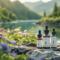 deux flacons d'huiles essentielles posés sur un rocher