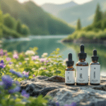 deux flacons d'huiles essentielles posés sur un rocher
