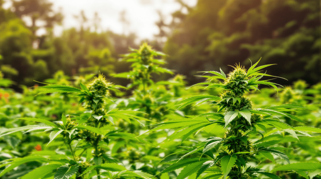 un champ rempli de plantes vertes avec des arbres en arrière-plan