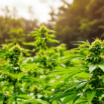 un champ rempli de plantes vertes avec des arbres en arrière-plan