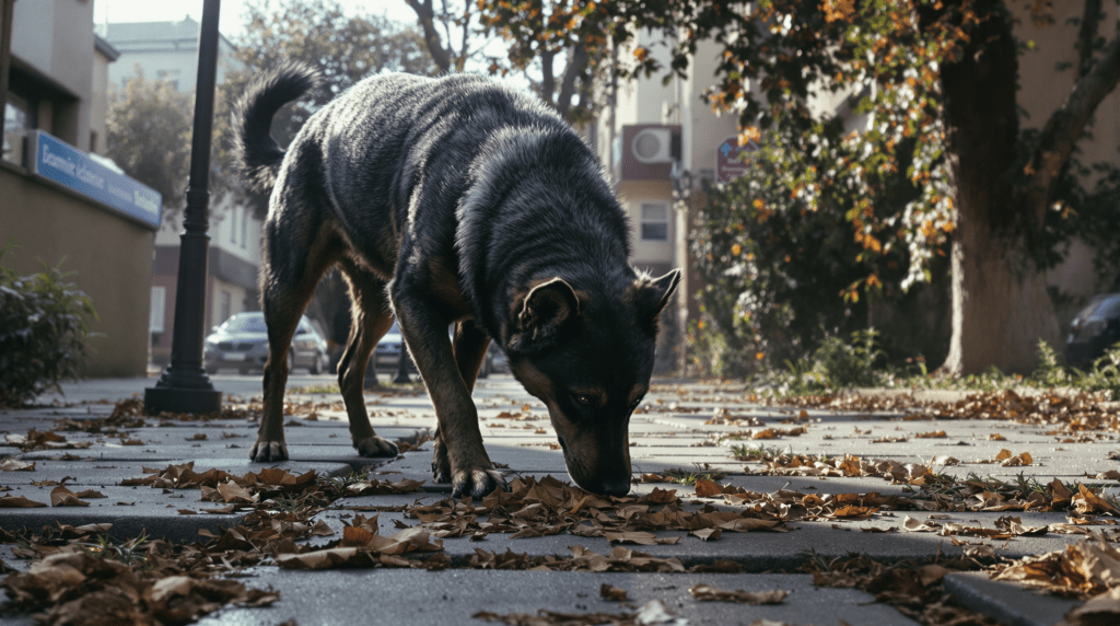 un chien renifle les feuilles sur le trottoir