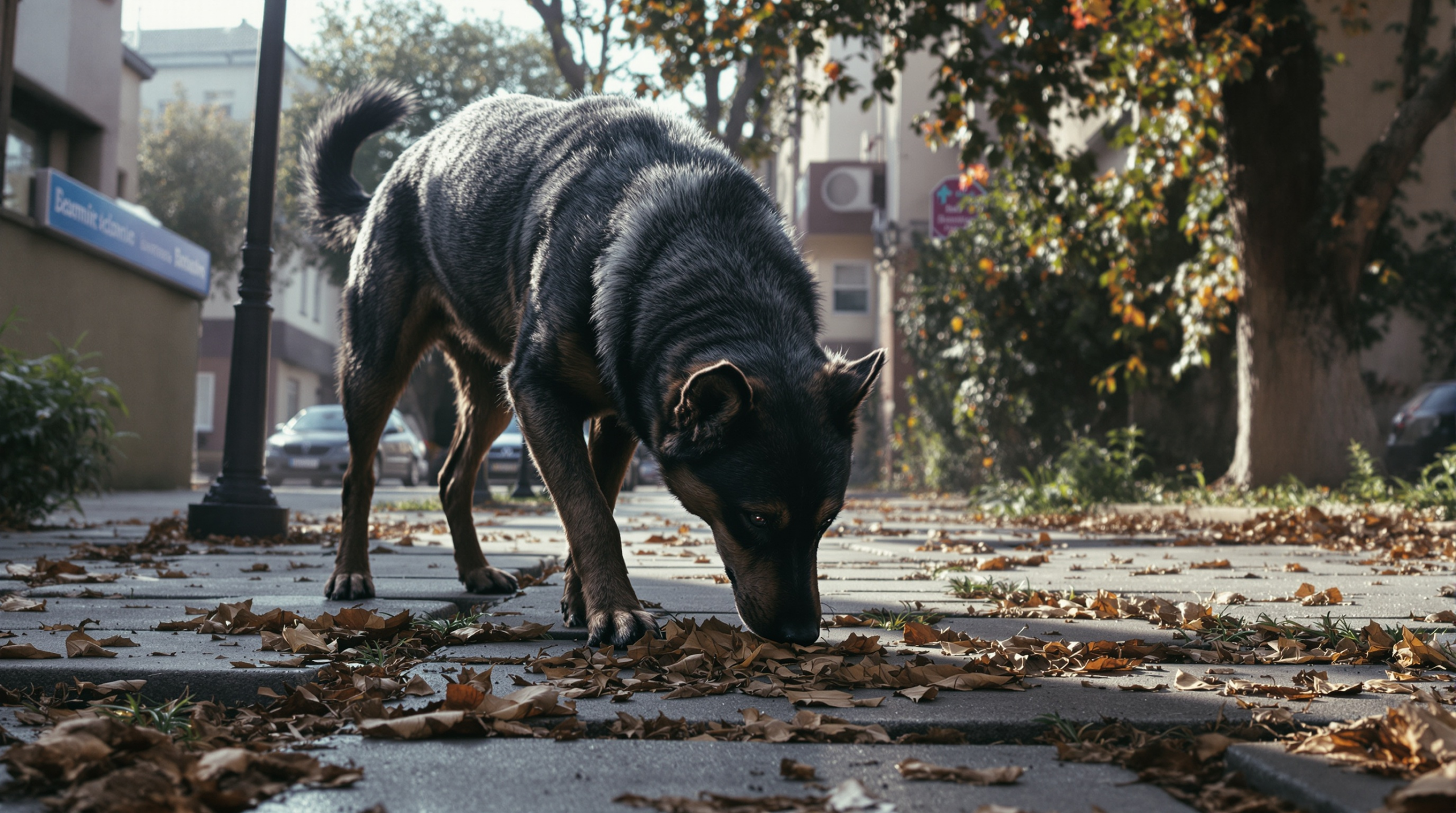 un chien renifle les feuilles sur le trottoir