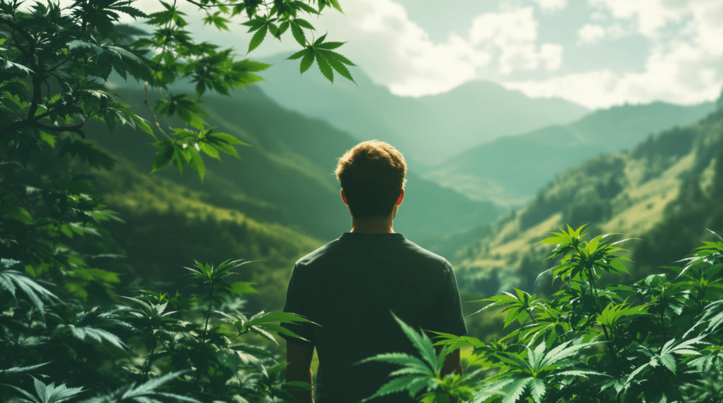 un homme debout au milieu d'une forêt verdoyante