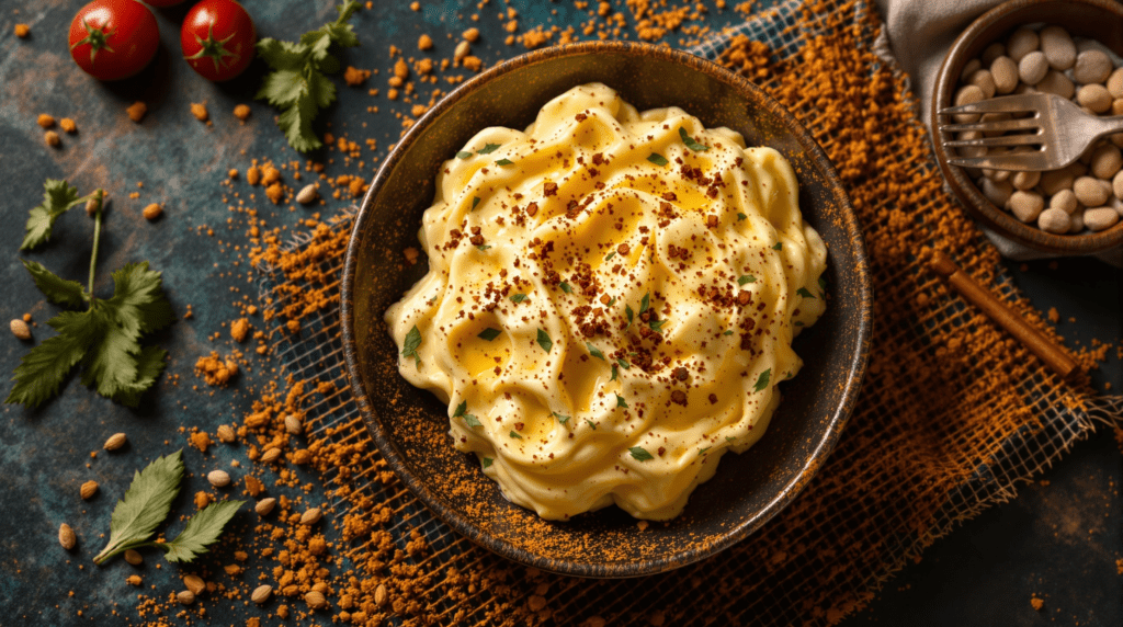 un bol de purée de pommes de terre garni de moutarde