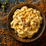 un bol de purée de pommes de terre garni de moutarde