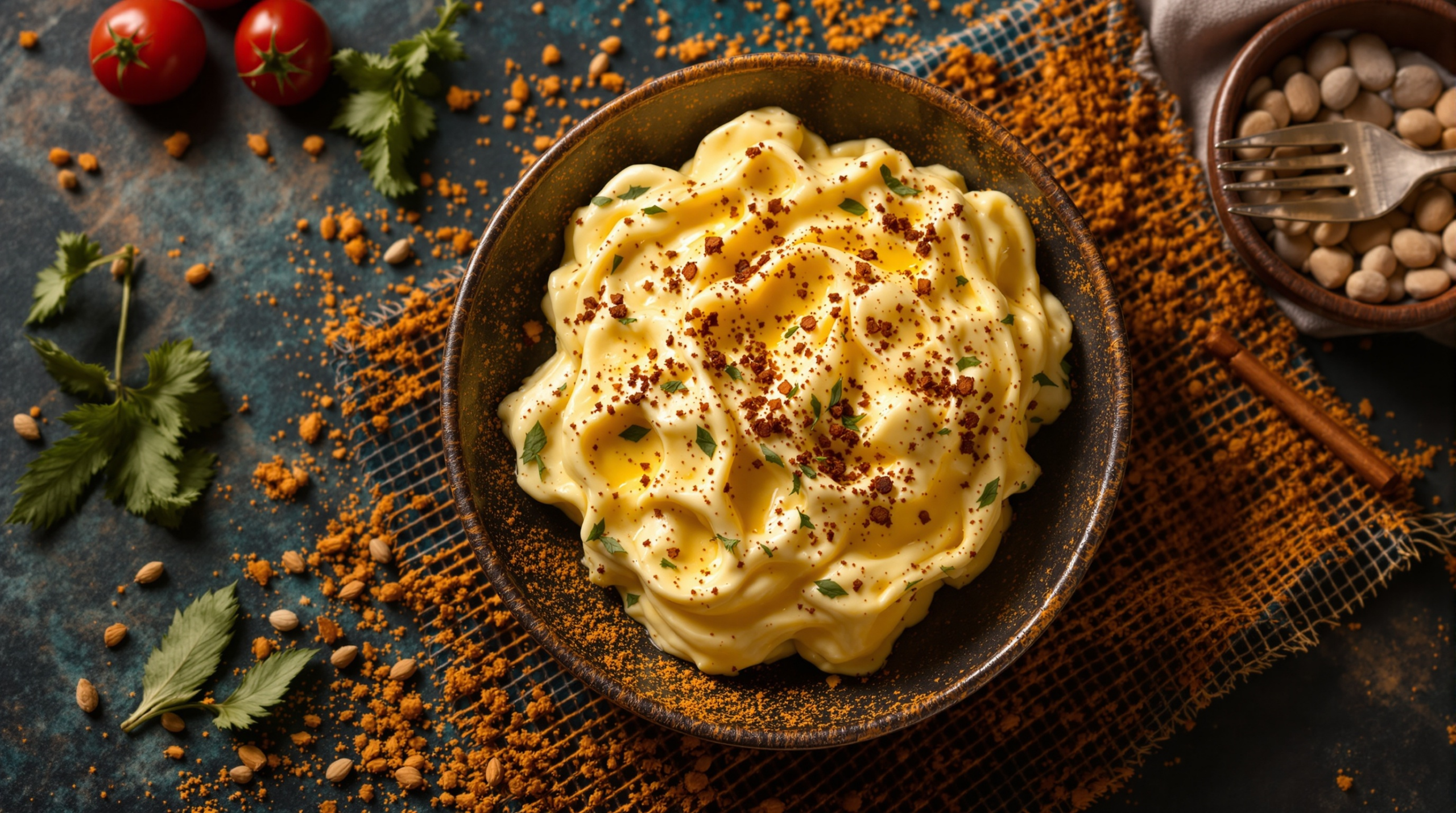 un bol de purée de pommes de terre garni de moutarde