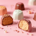 un groupe de chocolats posés sur une surface rose