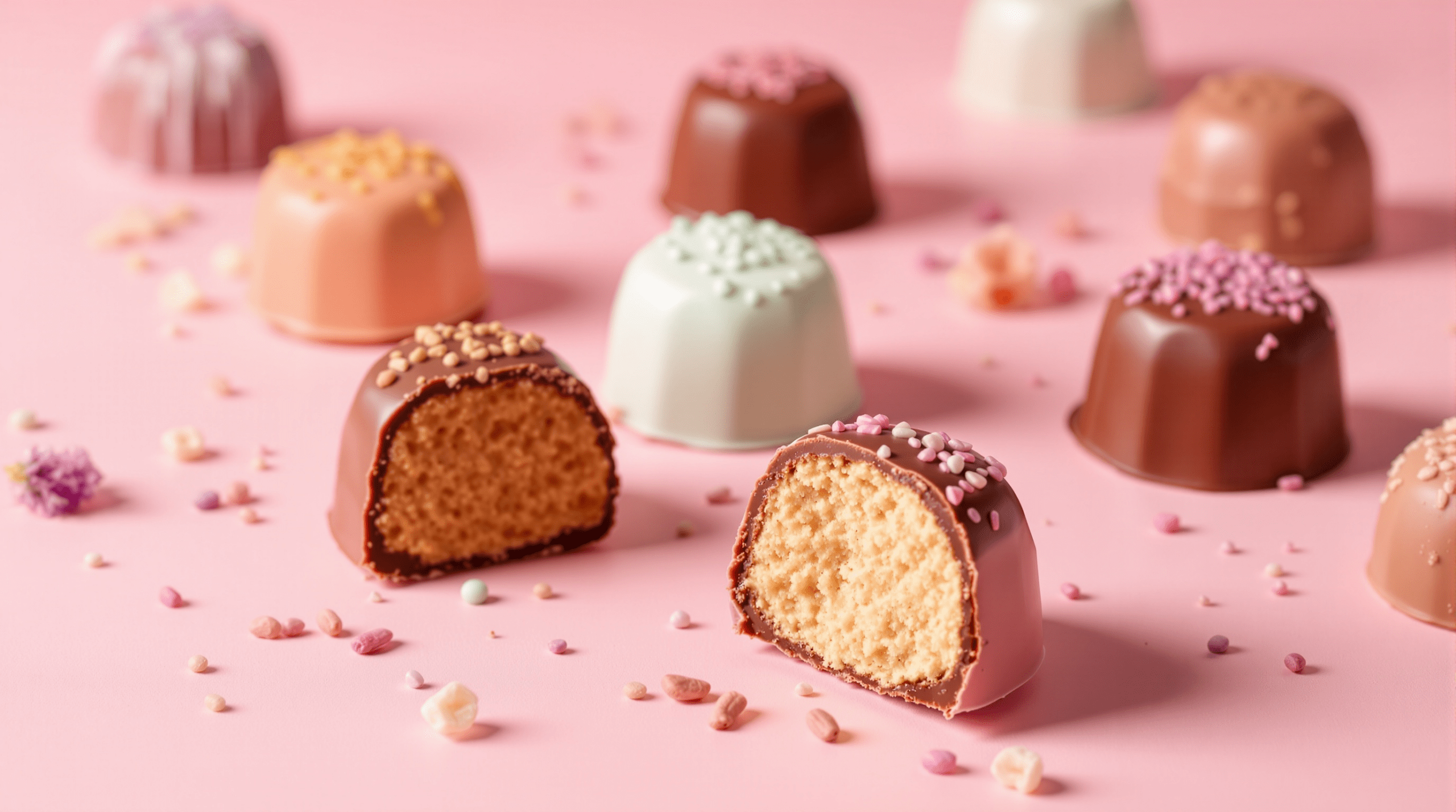 un groupe de chocolats posés sur une surface rose