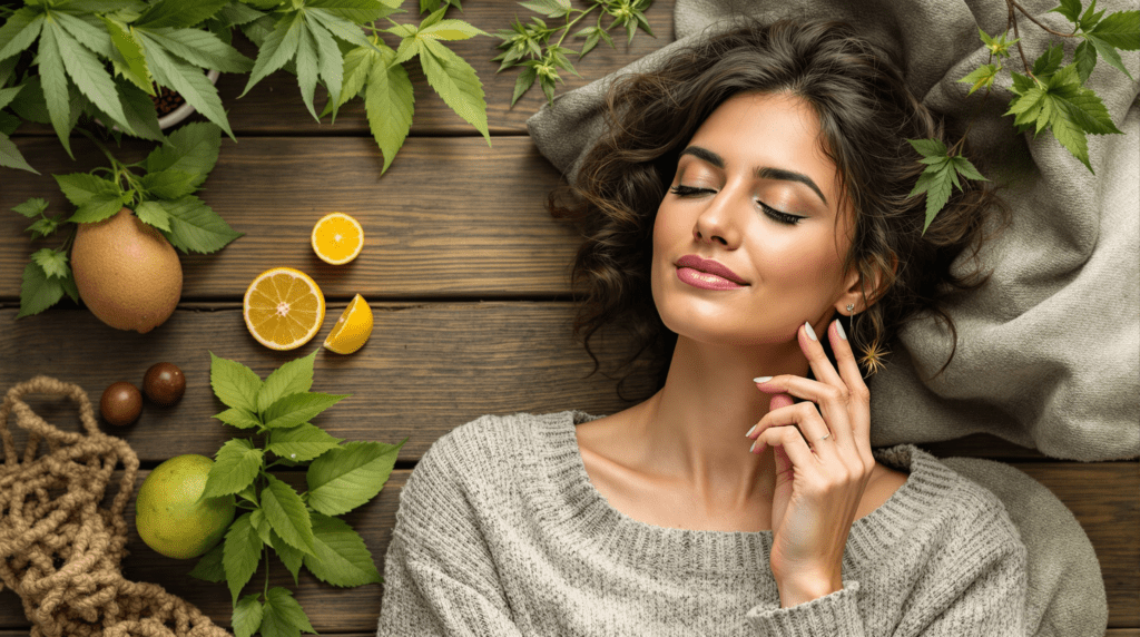 une femme allongée sur un plancher en bois à côté d'oranges