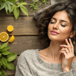 une femme allongée sur un plancher en bois à côté d'oranges