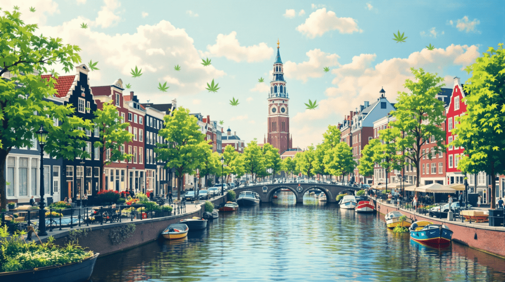 une peinture d'un canal avec des bateaux et une tour d'horloge en arrière-plan