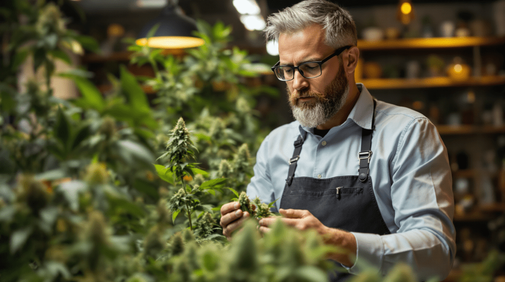 un homme en tablier travaillant sur une plante
