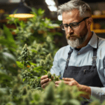 un homme en tablier travaillant sur une plante