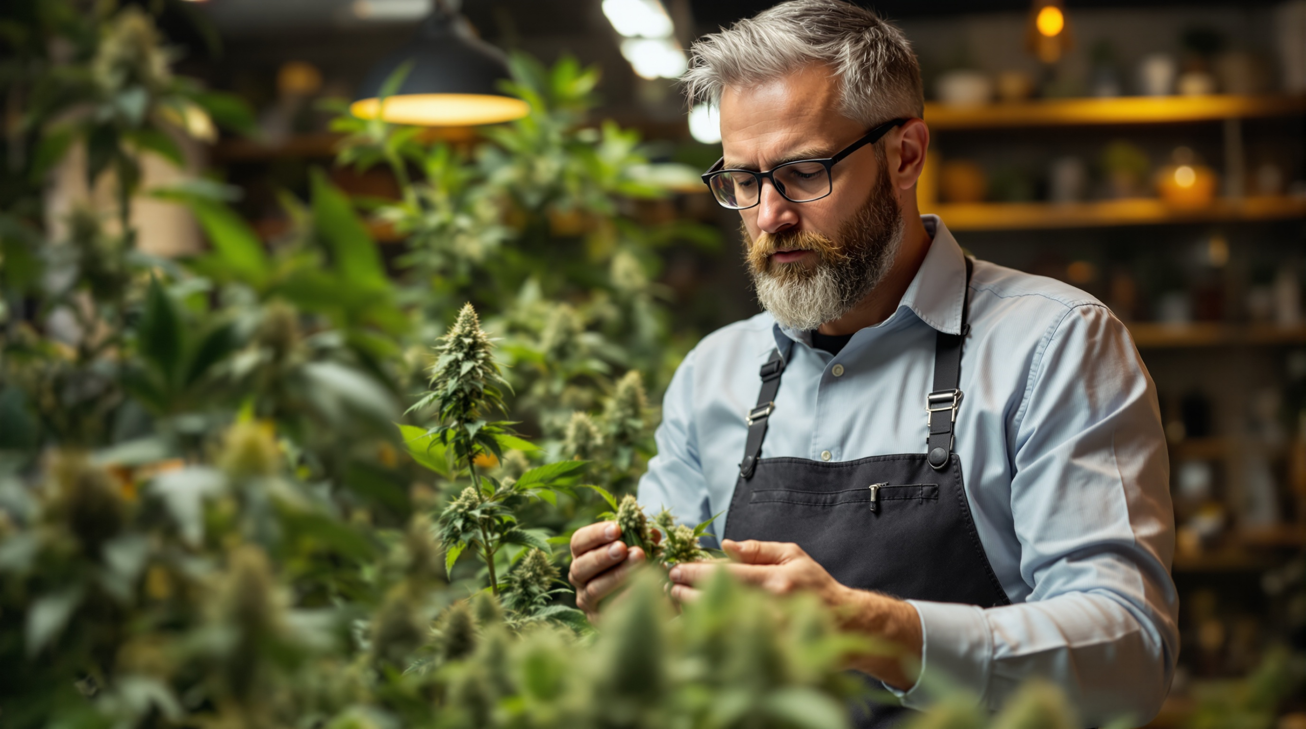 un homme en tablier travaillant sur une plante