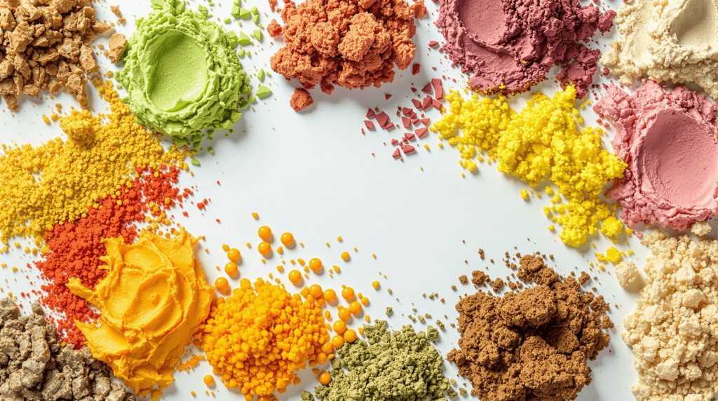 un groupe de poudres de différentes couleurs sur une surface blanche