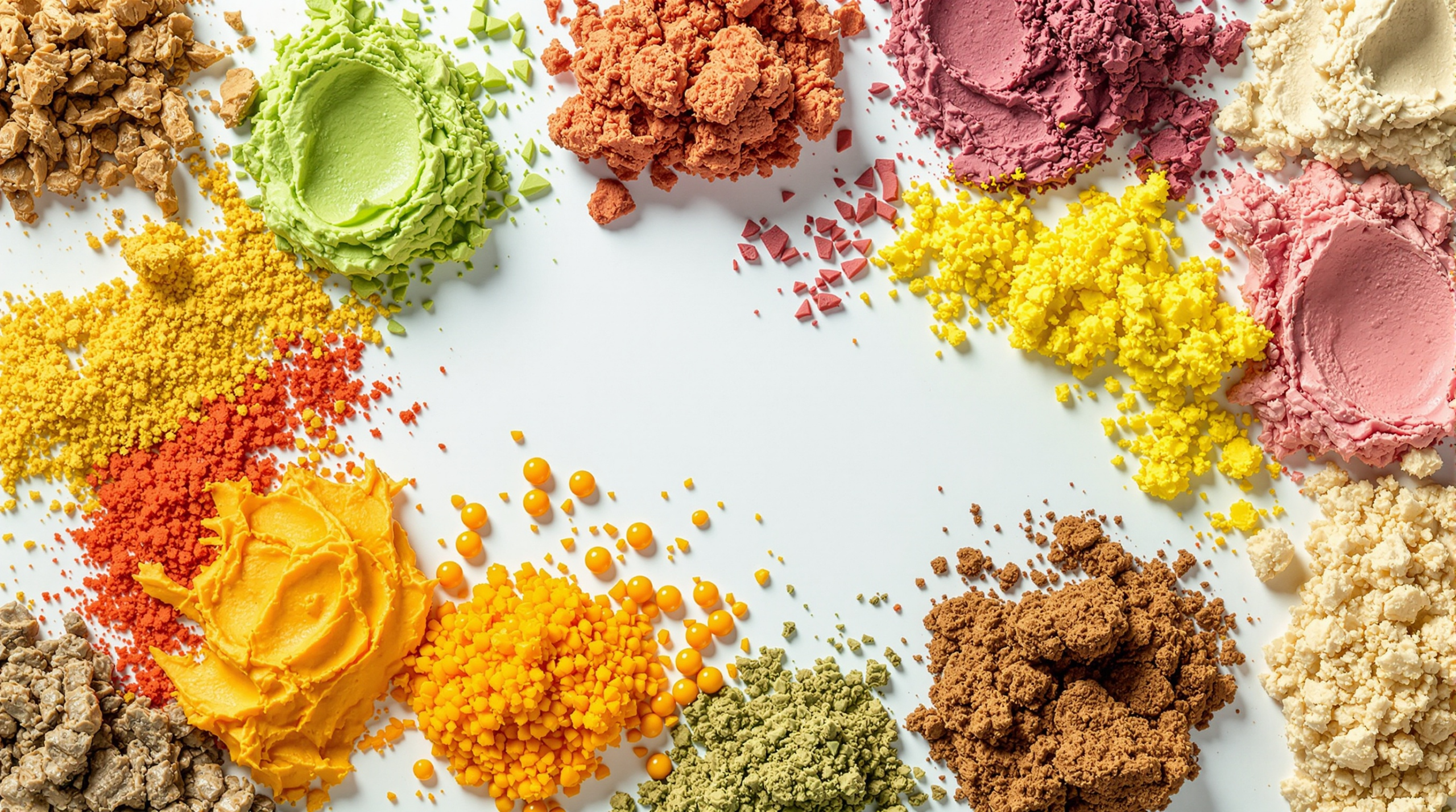 un groupe de poudres de différentes couleurs sur une surface blanche