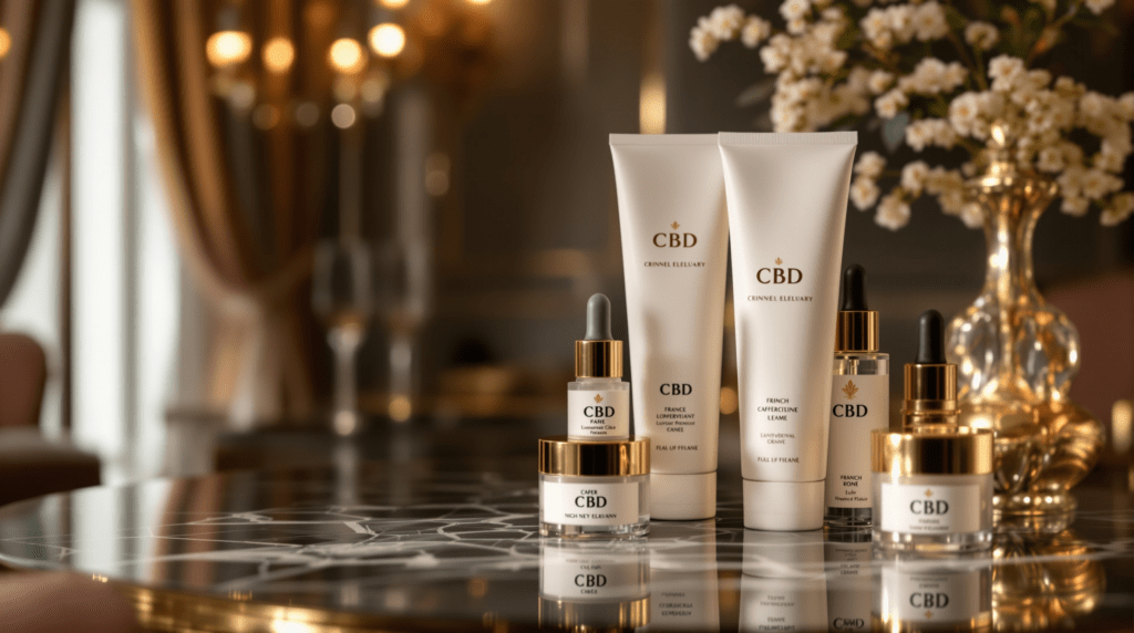 une table garnie de nombreux flacons de produits cosmétiques