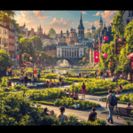 une peinture de personnes se promenant dans un parc