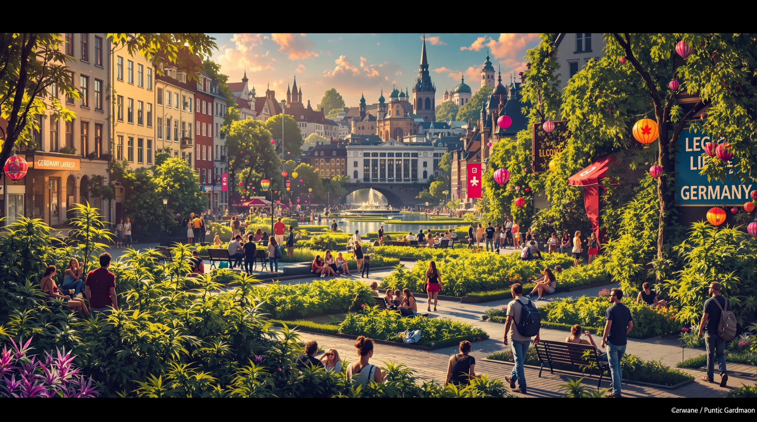 une peinture de personnes se promenant dans un parc