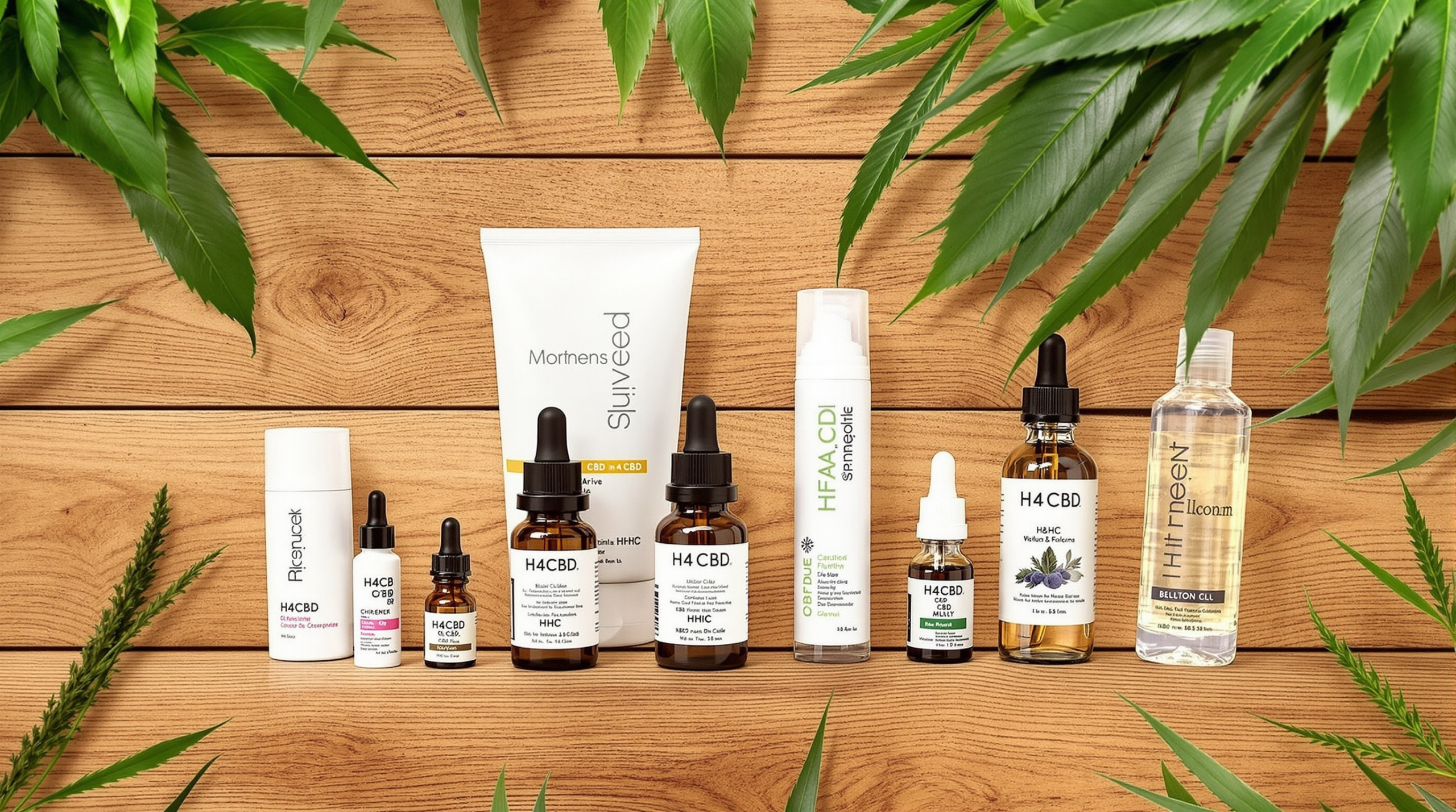 une variété de produits de soins de la peau posés sur une surface en bois