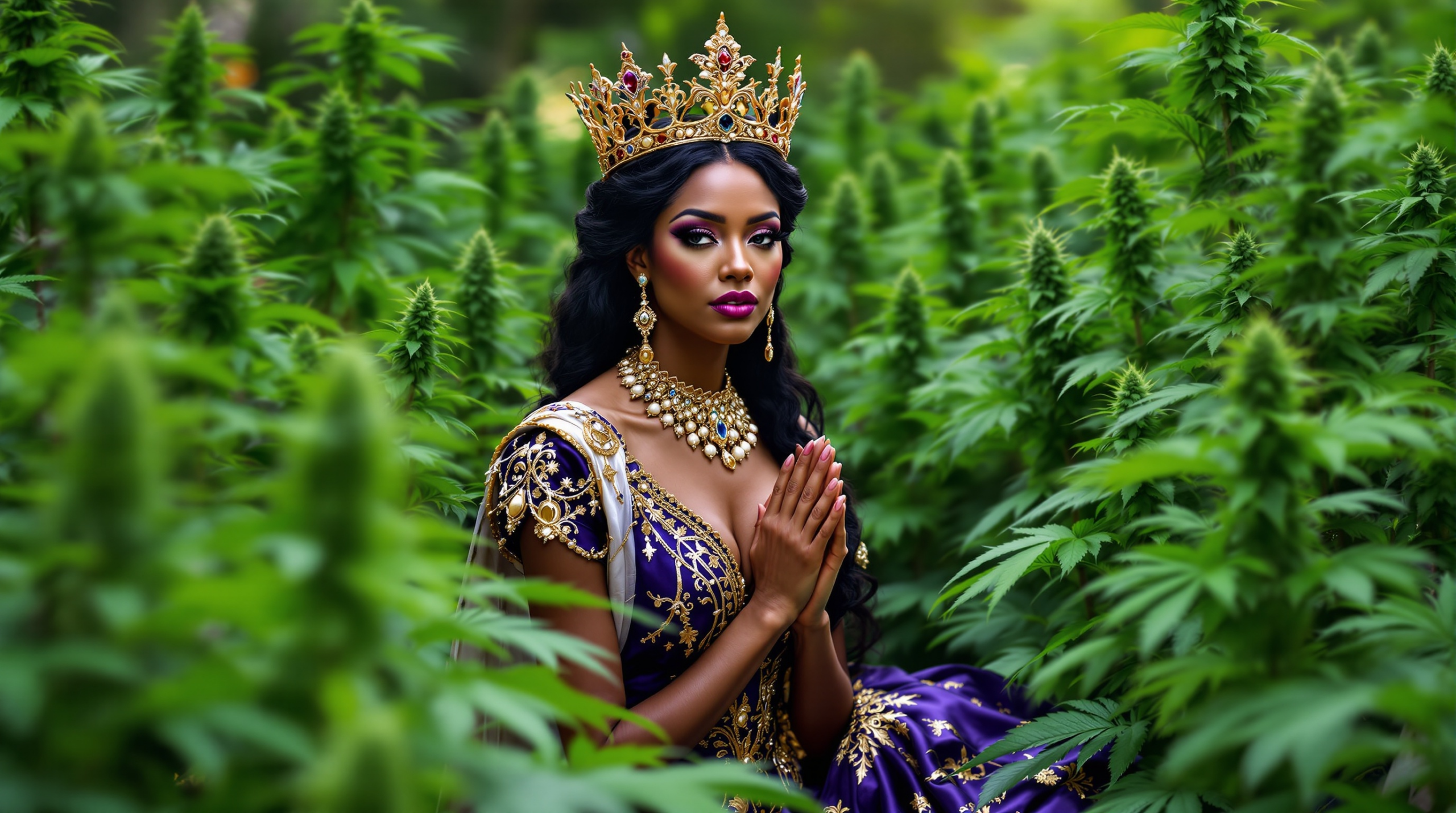 une femme portant une couronne dans un champ de marijuana