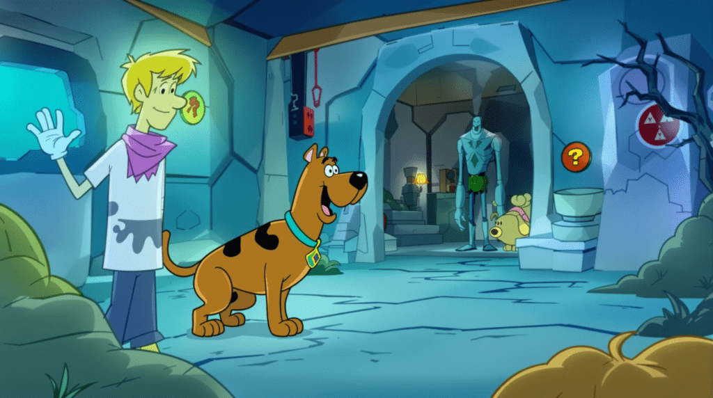 une caricature d'un homme et d'un chien dans une pièce