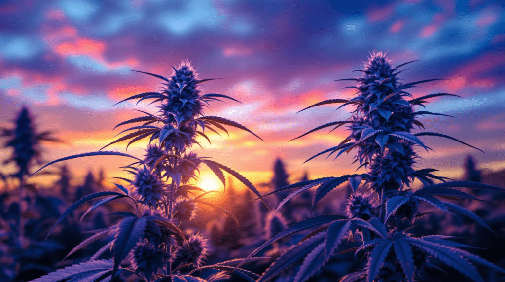 le soleil se couche sur un champ de marijuana