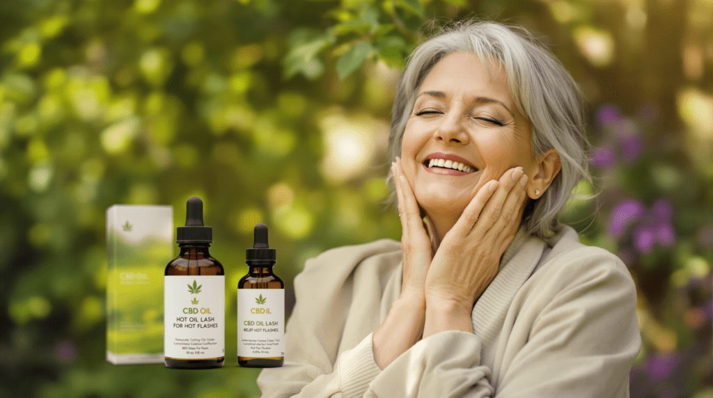 une femme souriante, les mains sur le visage, à côté d'une bouteille de cb cb