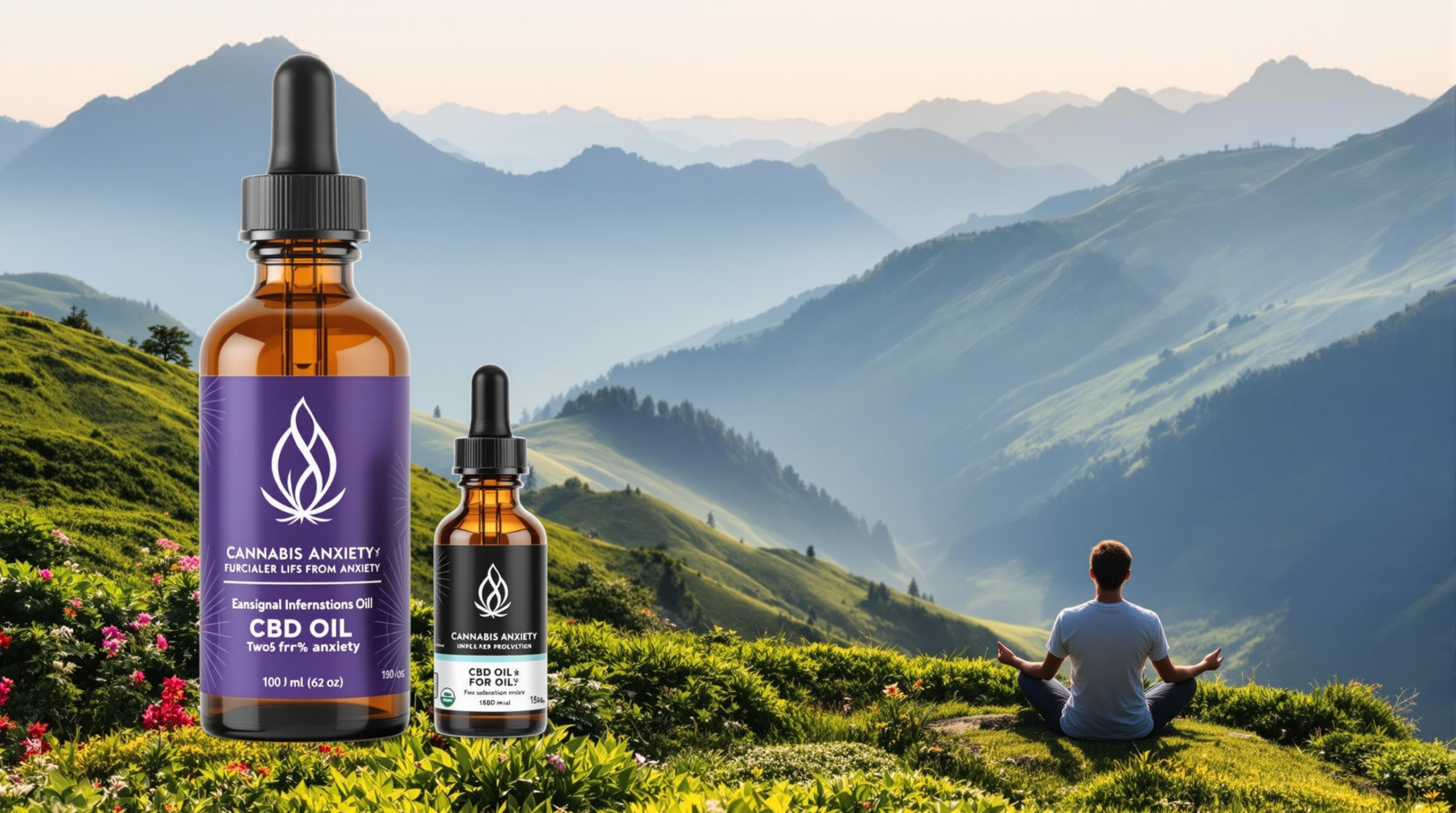 un homme assis sur une colline avec une bouteille d'huile de cbd à côté de lui