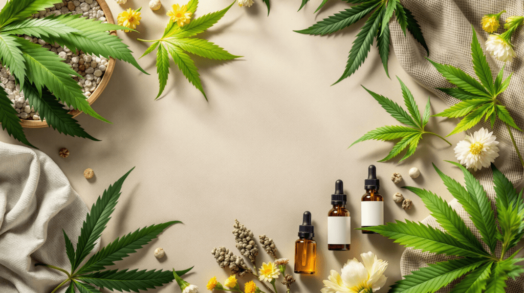 une table garnie de flacons d'huiles essentielles