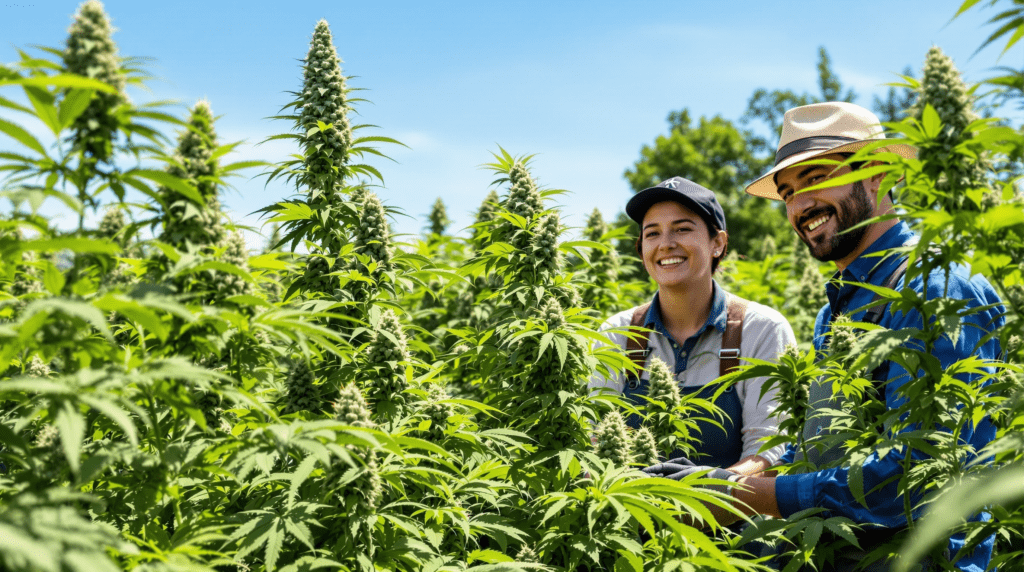 un homme et une femme debout dans un champ de marijuana