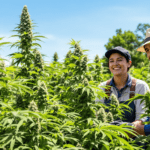 un homme et une femme debout dans un champ de marijuana