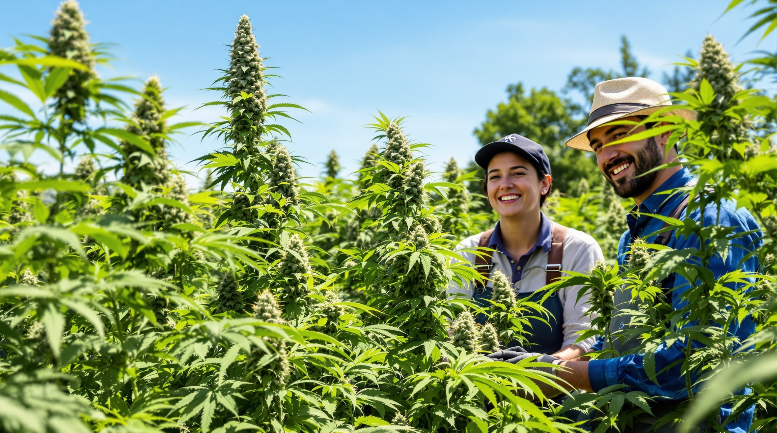 un homme et une femme debout dans un champ de marijuana