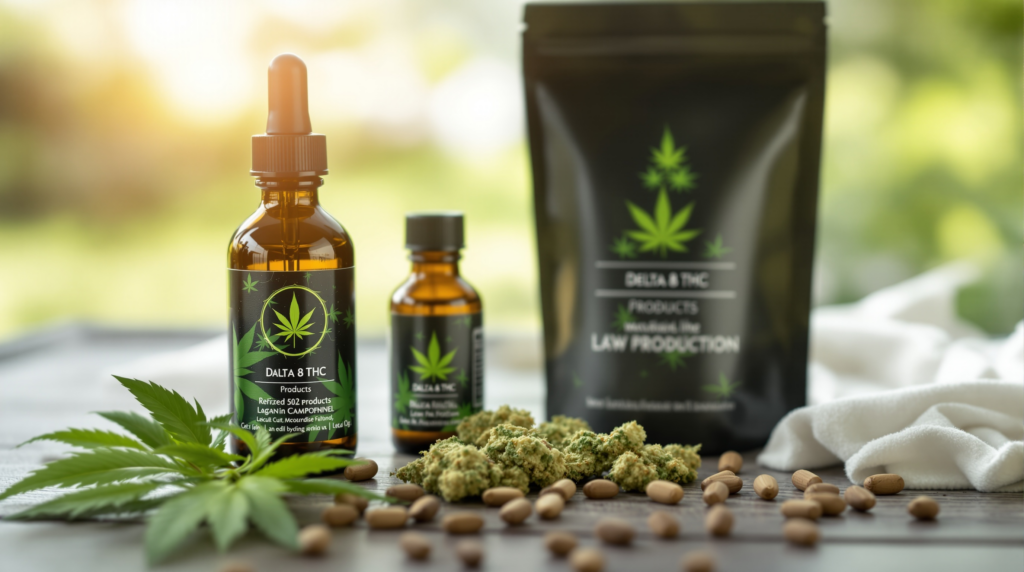 quelques bouteilles d'huile de cannabis à côté d'un sac de graines de marijuana