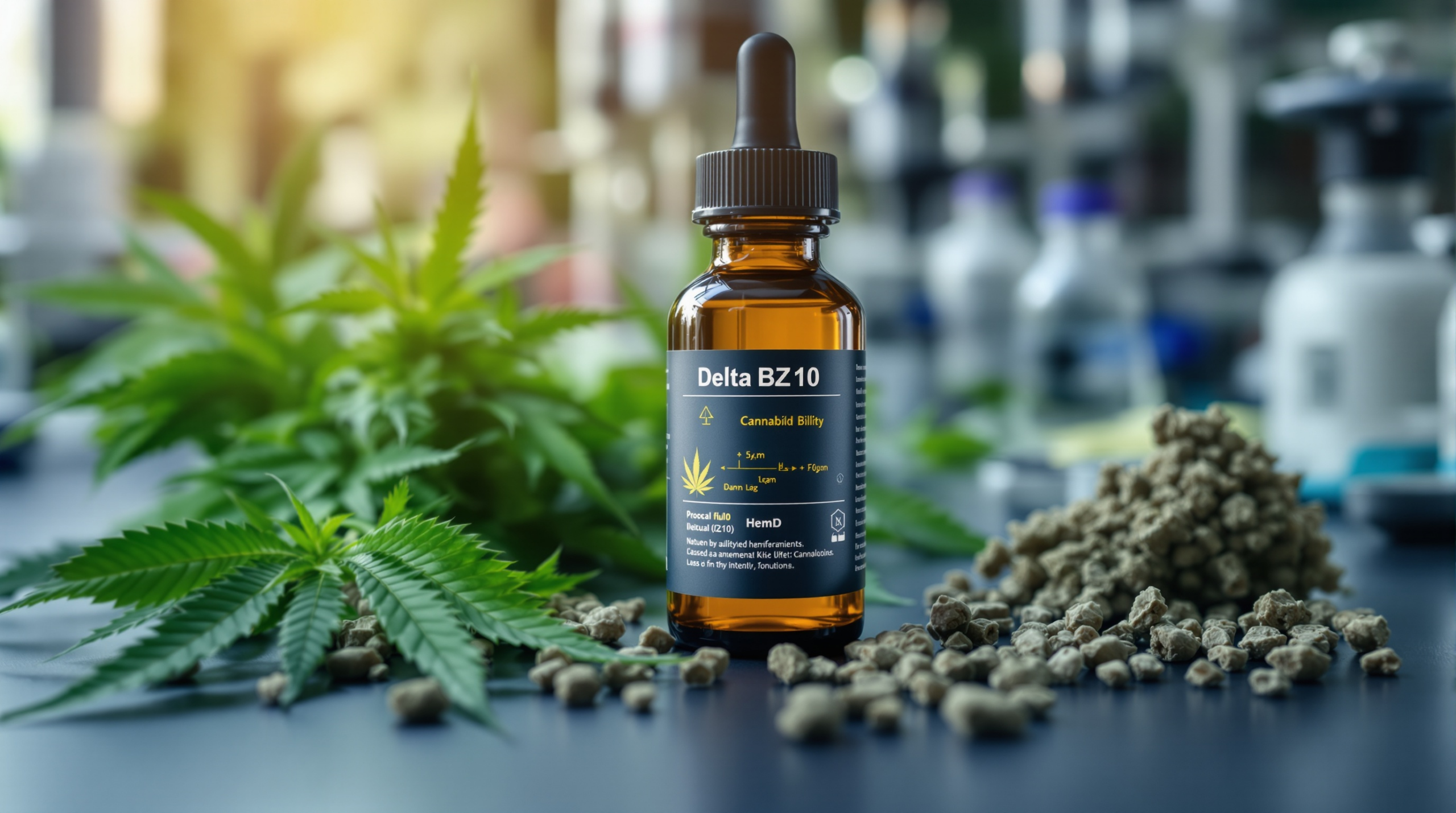 une bouteille de cb10 à côté d'un tas de feuilles de cannabis