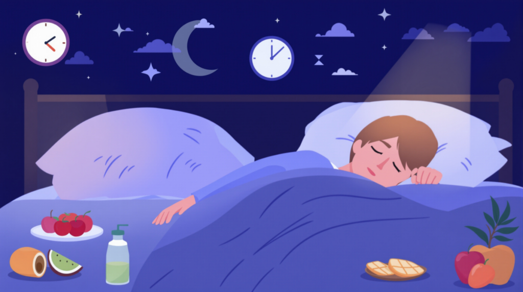 une personne qui dort dans un lit et qui a de la nourriture sur la table