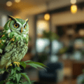 un hibou vert assis sur une plante verte